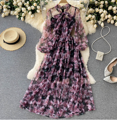 Blossom series elegant dress niche hot style light chiffon fairy air elegant holiday dress autumn goddess fan