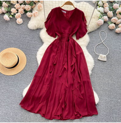 High-end light and familiar wind waistline thin ruffled red temperament dress summer women's V-neck long skirt trendy