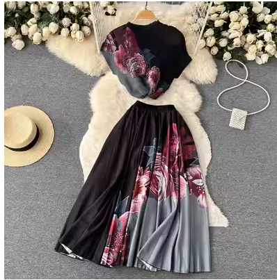 Spring and summer foreign style fashion print suit women's crochet loose short-sleeved top + high waist pleated skirt two-piece set