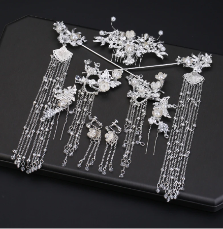 special white Chinese hair accessories women Headpiece Set Costume Tassel Step Shake wedding hair jewelry