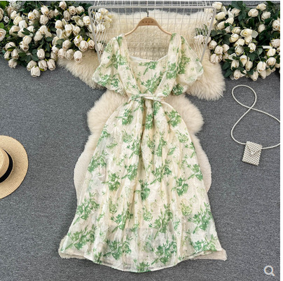 Summer French Super Fairy Puff Sleeve Chiffon Print Lace Up Mid-length Dress Women's Waist Slim Sen Line Long Skirt