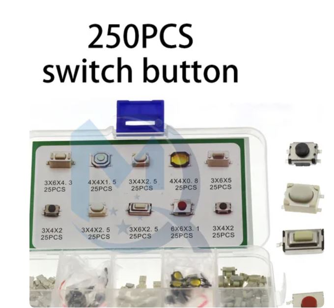 250Pcs/Box 10 Model SMD Tactile Push Button Switch Kit Car Remote Control Tablet Micro Momentary Key Touch Switch Assortment Set