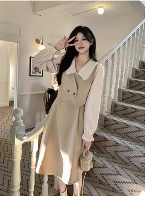 Early spring small fragrance French retro doll collar long-sleeved skirt small fake two-piece mid-length dress female