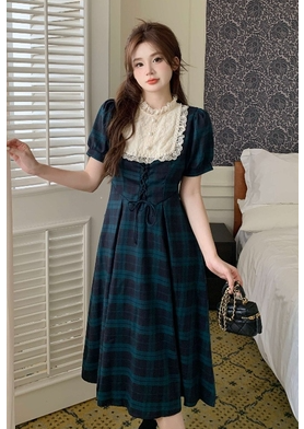 Large size French retro plaid dress women's summer puff sleeves high-quality skirt fat mm temperament slim dress