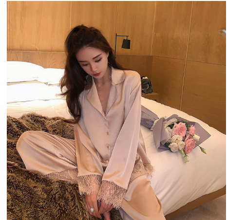 Pijamas Women Silk Nightgown Spring Autumn Long Sleeve Trousers Sexy Lace Sleepwear V-neck Loose Casual Simple Thin Pajama Sets