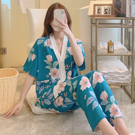 2023 New Cotton Silk Summer Thin Pajamas Women's Large Print Short-sleeved Cardigan Suit Home Clothes