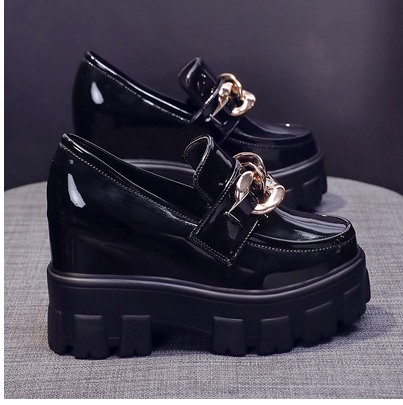 British style small leather shoes inner heightening women's shoes 2023 spring and autumn new thick-soled platform shoes slip-on wedge shoes