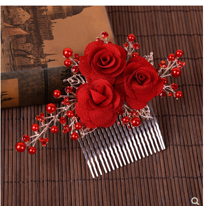 Bridal headdress red Chinese style hair accessories female Xiuhe clothing toast clothing dish hair comb accessories wedding jewelry performance head flower