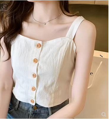 2023 summer new French camisole women's outerwear with navel exposed single-breasted short bottoming shirt top