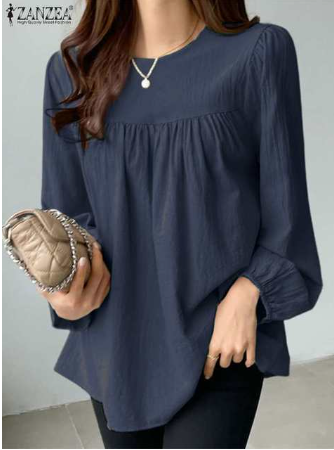 ZANZEA Casual Stylish Tunic Tops Korean Fashion Women Blouse Spring O Neck Elegant OL Work Shirt Solid Long Sleeve Loose Blusas