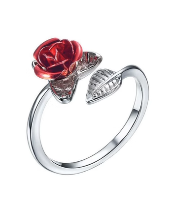 Women Ring Red Rose Garden Flower Leaves Open Ring Resizabl