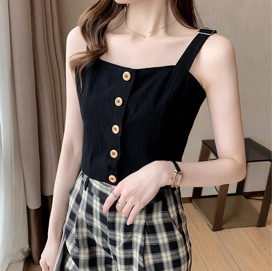 2023 summer new French camisole women's outerwear with navel exposed single-breasted short bottoming shirt top