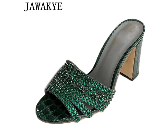 JAWAKYE Hollow Outs Crystal Women Slides Sexy Diamond Chunky High Heels Brand Runway Sandals 9.5cm Shiny Open Toe Party Slippers