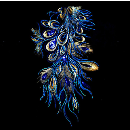 DIY Craft Embroidered Sequins Peacock Shape Cloth Feather Patch Applique Sew Trim Lace Fabric