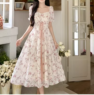 Plus-size women's gentle wind floral chiffon dress women's summer fat sister waist slimming design long skirt