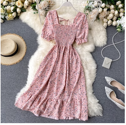 Summer dress 2020 new sweet French first love skirt square collar short-sleeved pleated waist slimming fairy chiffon dress