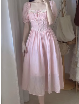 Princess bellflower skirt French first love retro square collar sweet long skirt pure desire puff sleeve dress powder summer