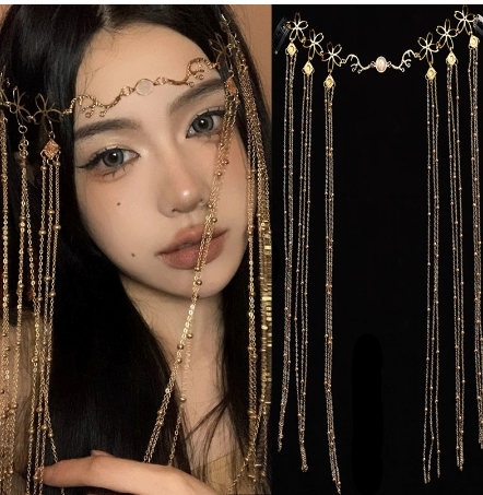 2023 Long Tassel Waterdrop Rhombus Headband Retro Handmade Water Drop Fringe Face Curtain Forehead Eyebrow Pendant Hair Ornament