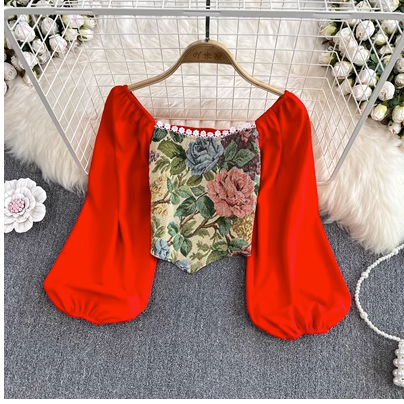 Spring Square Neck Sweet Puff Sleeve Short Sleeve Oil Painting Print Irregular Pullover Shirt Women's Western Style Lantern Sleeve Top