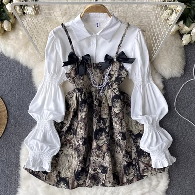 Spring new sweet style two-piece female hot girl suspenders fluffy dress + long-sleeved white shirt two-piece set