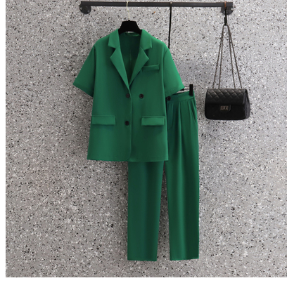 Plus-size women's clothing 2023 fat sister summer new small suit jacket elastic waist loose cropped pants two-piece suit