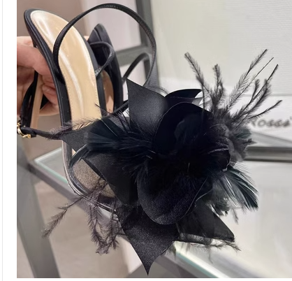 Feather flower black rose sexy high-heeled shoes for women stiletto 2023 summer new fashion one-word belt sandals for women