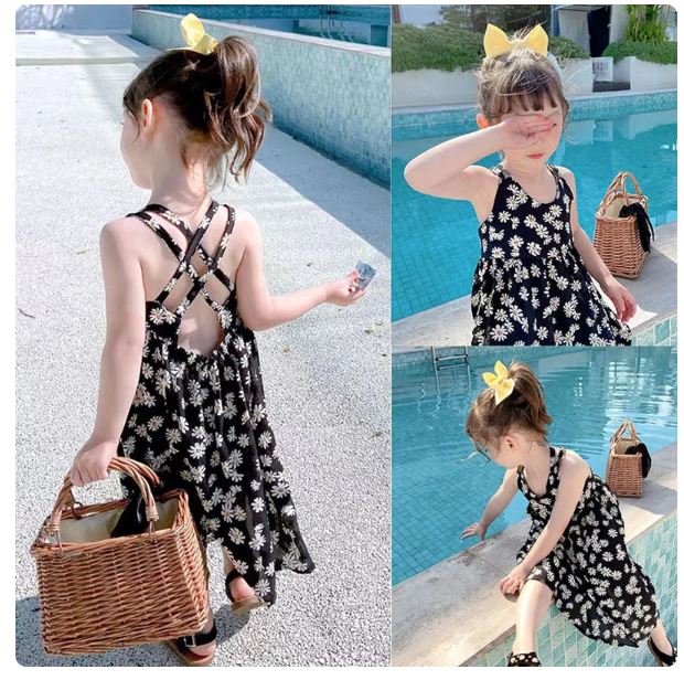 New Children Girls Splicing Daisy Dress Summer Kids Backless Dresses Child Costumes Outfits Beach Clothes Baby Girls Clothing
