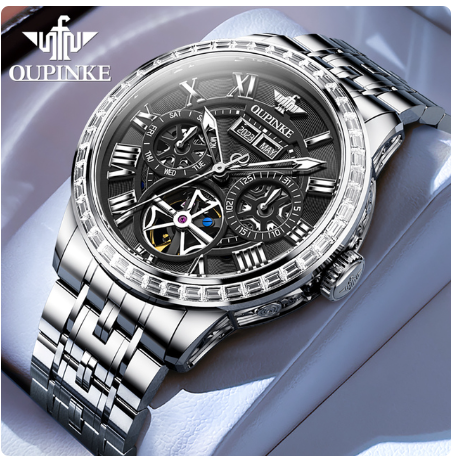 OUPINKE Skeleton Mechanical Watch for Men Stainless Steel Multifunction Luminous Waterproof Men Automatic Tourbillon Watch