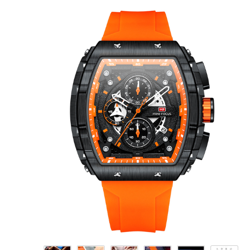 MINI FOCUS Chronograph Quartz Watch for Men Tonneau Dial Military Sport Wristwatch with Orange Silicone Strap Auto Date 0399