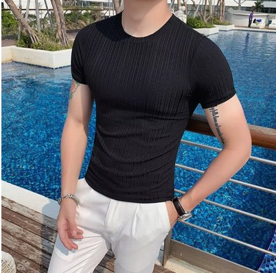 Summer thin section men's short-sleeved t-shirt slim ice silk bottoming shirt casual tight striped high-end ice sense men's top