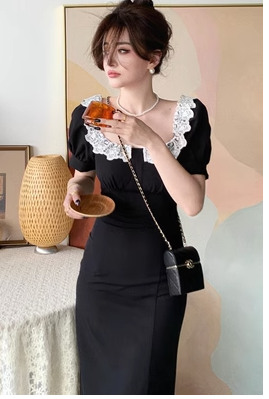 Lace collar black design square neck waist little black dress French retro chic stunning temperament high-end dress