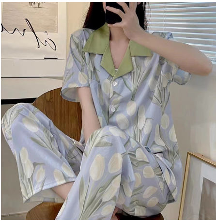 Lisacmvpnel Ice Silk Pajamas Women's Short Sleeved Shorts Summer New High-grade Oil Painting Thin Sleepwear