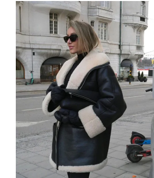 Winter Thick Plush Leather Jackets Women Office Single Breasted Turn-down Collar Overiszed Coat Female Long Sleeve Overcoat Tops