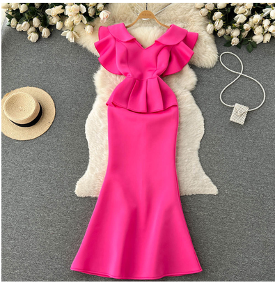 Spring and summer sexy V-neck ruffled sleeve dress women's Korean version bag hip waist temperament celebrity mermaid long skirt