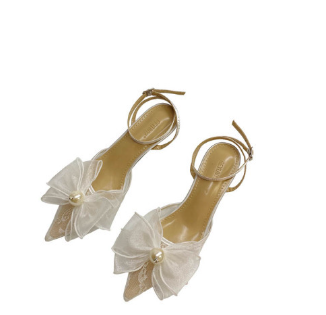 Pointed Thin-heeled Mesh Mesh Single-shoe Wedding Shoes Fairy Wind High-heeled Back Empty Bow Sandals