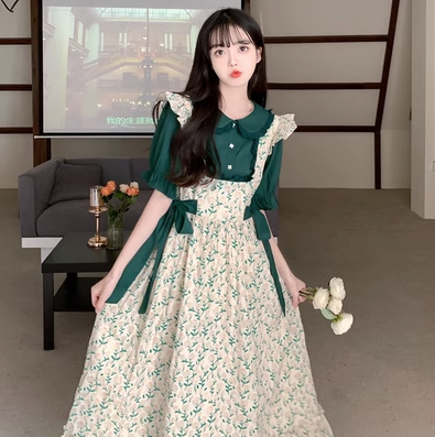 College style doll collar dark green floral suspenders skirt summer large size fat mm literary girl Lolita dress