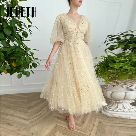 JEHETH Deep V-Neck Light Yellow Tulle Midi Prom Dresses Half Puff Sleeves Embroidered Lace Evening Gowns Ankle Length Party 2022