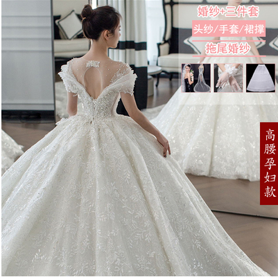 One-shoulder wedding dress 2023 new bride's main yarn fugitive princess small pregnant woman large size super heavy trailing