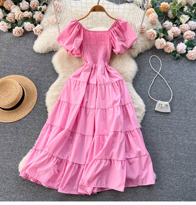 Korean chic French temperament pleated waist bubble short-sleeved dress women's big swing over the knee cake pleated dress