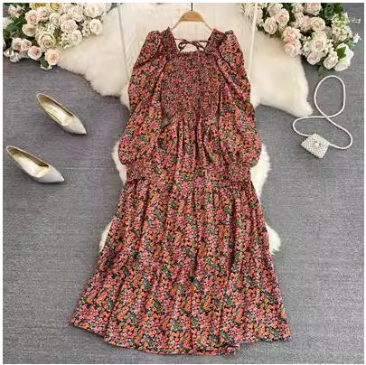 Autumn Korean version of the small fresh square collar bubble long sleeve waist slimming A-line floral dress elegant swing long skirt