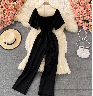 Square collar pleated high waist slim straight wide leg jumpsuit trousers female gentle wind waist slim jumpsuit summer