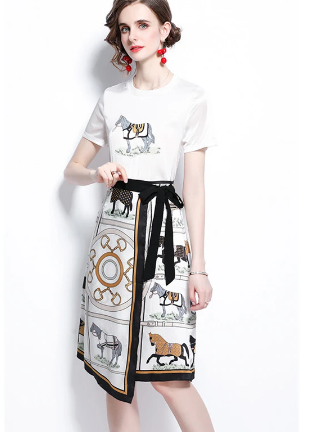 Menahem 2021 Summer Animal Horse Print Two Piece Sets Women's Short Sleeve T Shirt Tops and Irregular Plaid Lace Up Midi Skirts