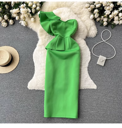 Spring and summer new design feeling lotus leaf edge mid-length waist slim tube top temperament evening dress dress skirt trendy