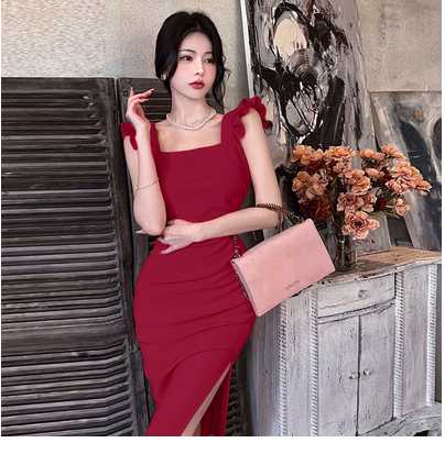 Retro square collar chic small flying sleeves Hepburn style dress women's summer new French niche temperament slim skirt