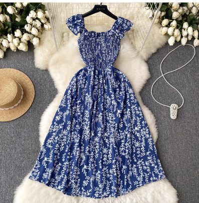 Pure desire sweet wood ear suspender floral dress female waist slim temperament chiffon long skirt French holiday skirt