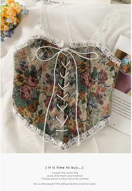 Retro drawstring bow tie with floral apron small vest female 2023 autumn and winter lace splicing inner camisole