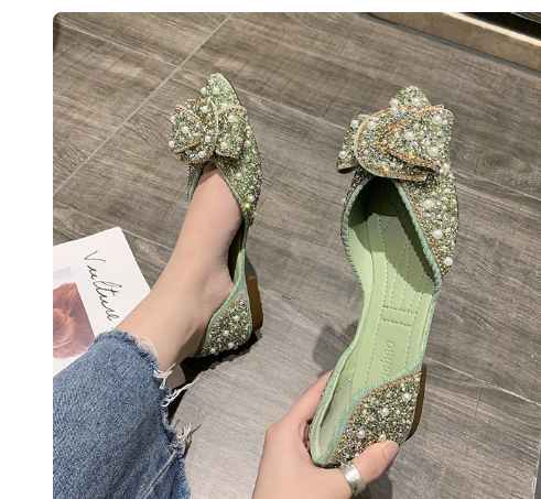 Women Fashion Retro Single Shoes Female Autumn Pointed Toe Low-riding Flat Loafer Soft Sole Ladies Bow Knot Rhinestone Shoes