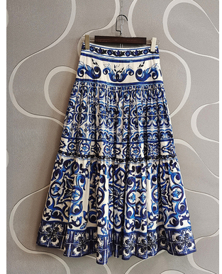 Blue and white porcelain skirt women's clothing 2023 spring and autumn new retro printing A-line high waist all-match fried street age-reducing skirt