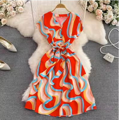 2023 summer light familiar style celebrity temperament V-neck short-sleeved high-waisted bow tie waist waist printed A-line dress