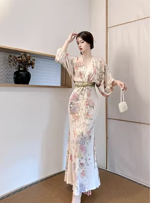 Bathing peony oriental classical beauty temperament French retro ink floral waist dress seaside long-sleeved summer